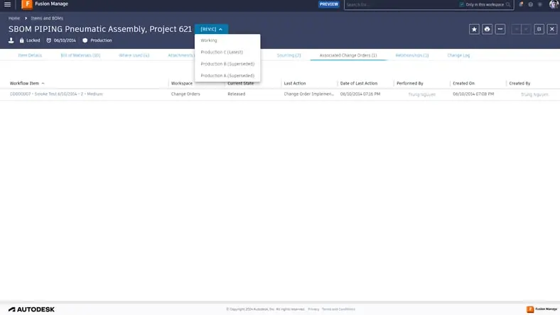 Item revision control in Autodesk Manage