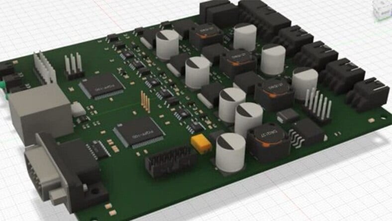 A software screen displays a circuit board design in progress.
