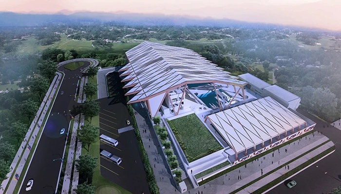 conception numérique d'un stade sportif rendu du centre aquatique jeux de la mer 2019