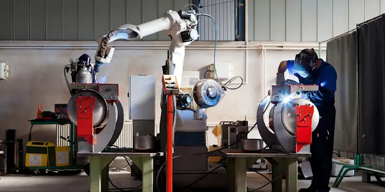 A welder in a factory works next to a large industrial robot.