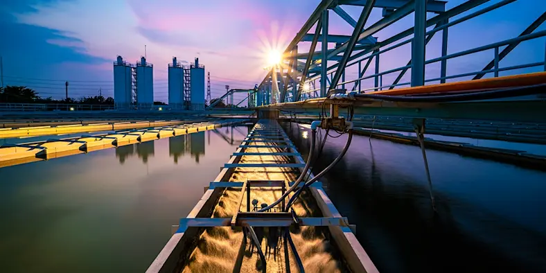 A view of a water treatment facility at sunset