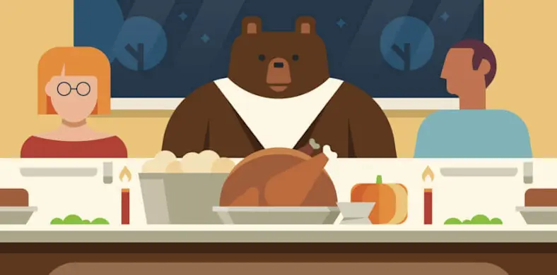 Illustration of bear sitting at Thanksgiving dinner table with humans, representing advertising model clickbait