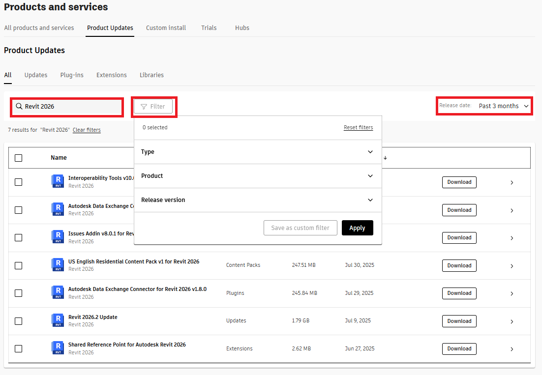 Uma captura de tela mostrando as opções de filtro para pesquisar atualizações na conta da Autodesk Account