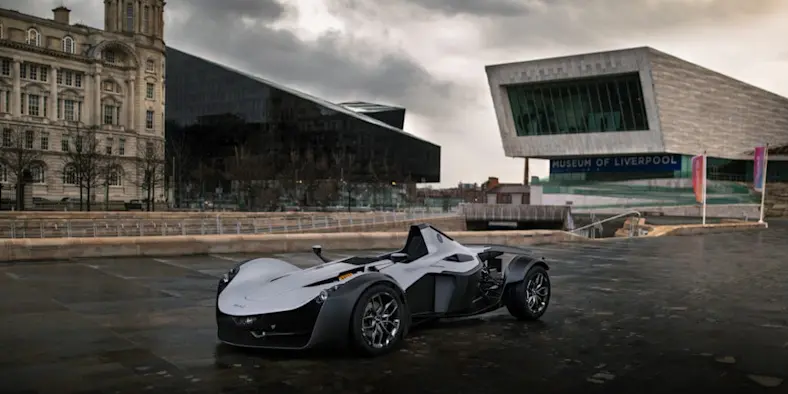 The BAC Mono racing car in a public square in Liverpool