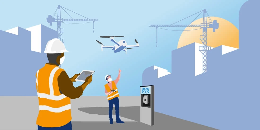 Illustration of masked construction workers on a construction site.