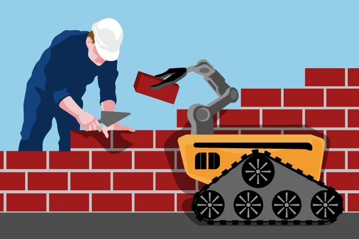 Illustration of a mason laying bricks with the help of a robot
