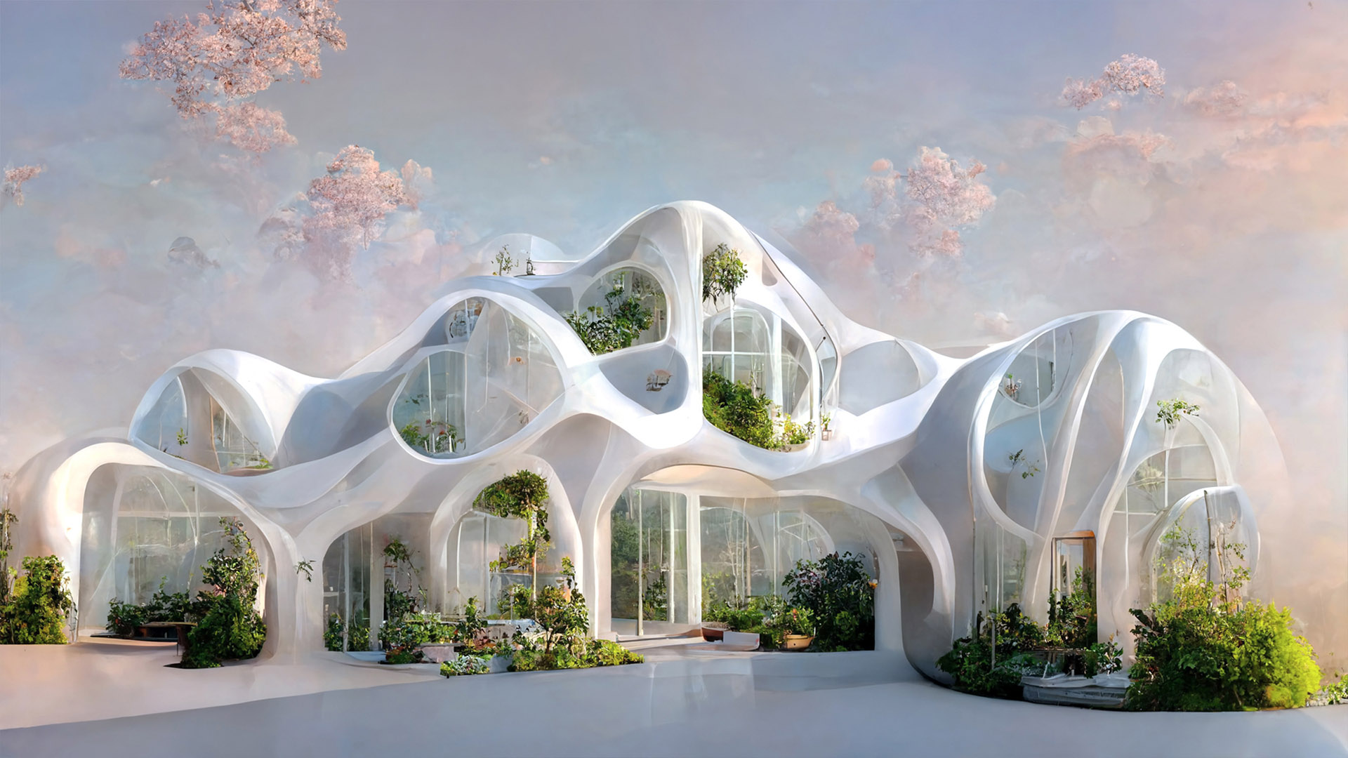 A futuristic AI-generated structure is evocative of a greenhouse.