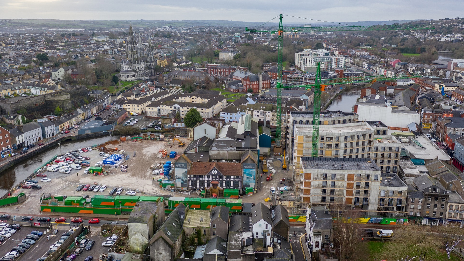 Aerial view of the Brewery Quarter student dormitory under construction.
