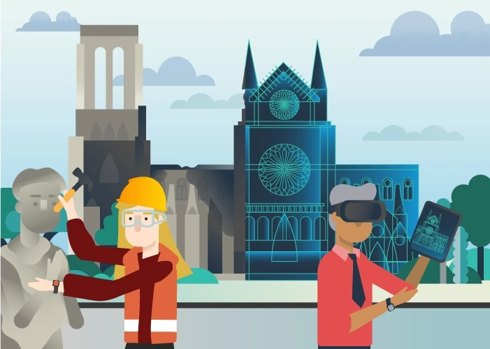 Illustration of workers in front of Notre Dame
