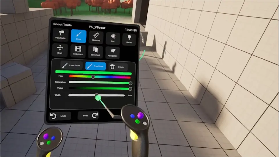 An in-software virtual reality view shows tools used for scouting and navigating a virtual production environment.