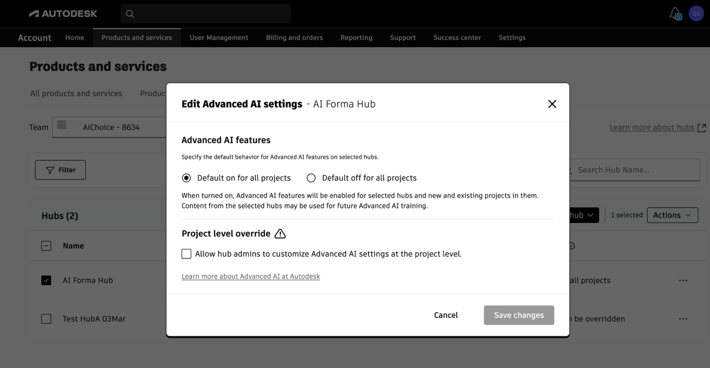 Advanced AI settings popup displaying default behaviour and project level override option.