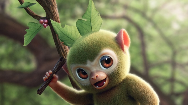 Animated character holding a leafy branch.