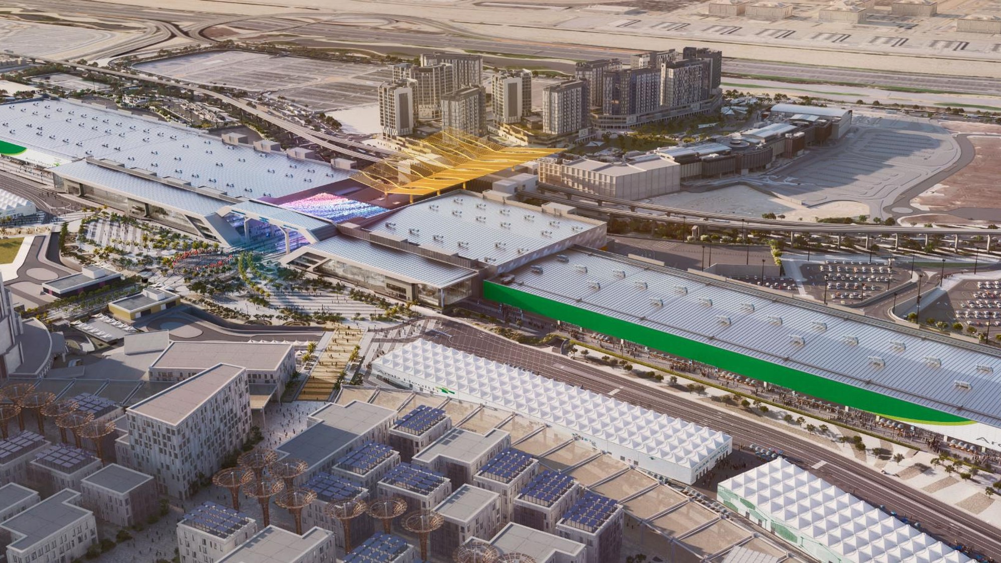Aerial render of the Expo City precinct. Khansaheb is shaping a new era of construction with connected data and intelligence 