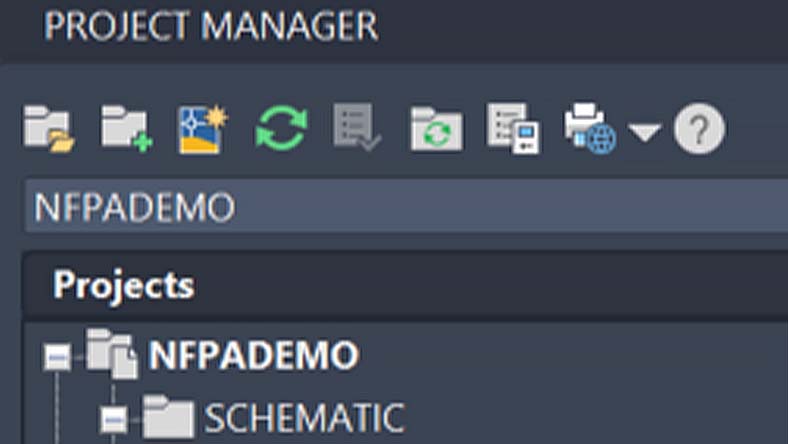Project manager interface showing the "NFPADEMO" project with a schematic folder and toolbar icons
