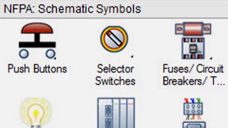 Closeup of icons for push buttons, selector switches, fuses/circuit breakers, and more