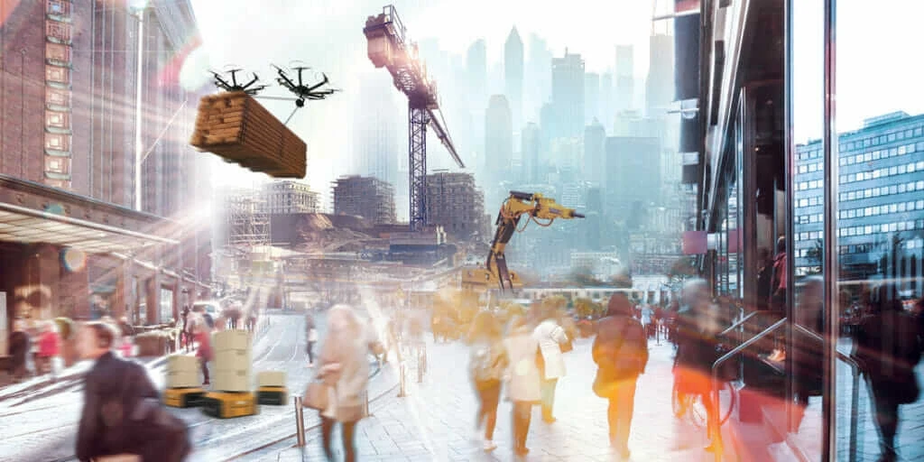 illustration of the future of work in a large city with people bustling