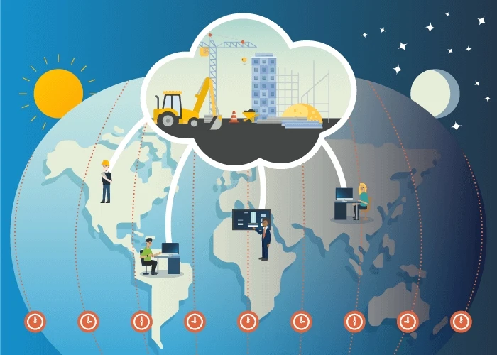 Illustration of workers all around the world collaborating digitally