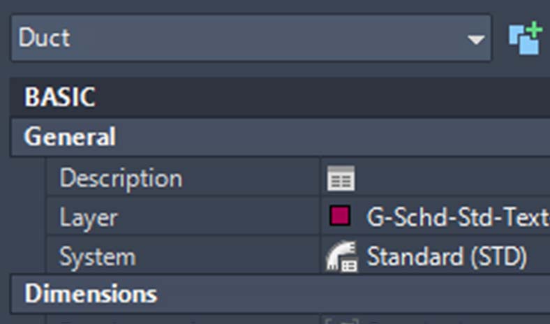 Screenshot of a software interface showing duct properties, including description, layer, system, and dimensions under "Basic."
