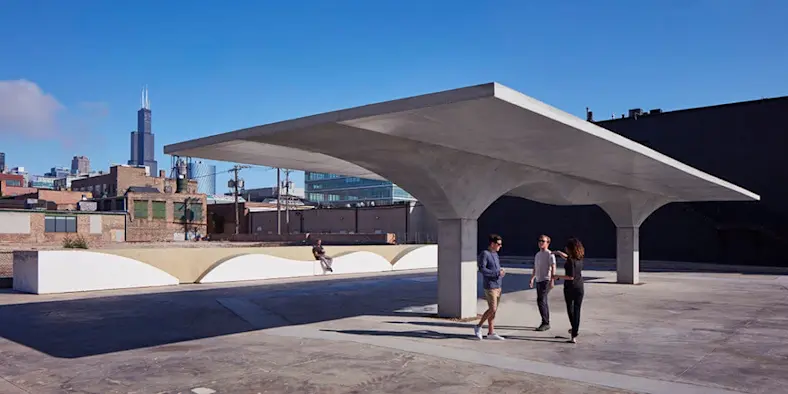 3D rendering of the 2019 Chicago Architecture Biennial’s Stereoform Slab Pavilion