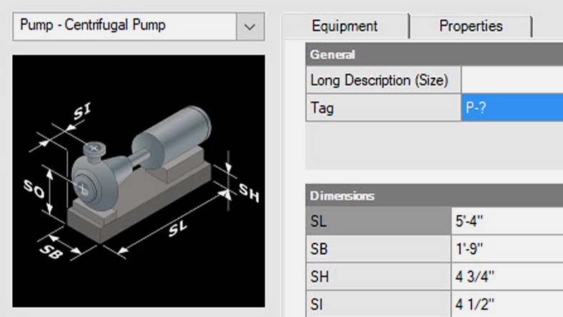 Screenshot of pump design software showing a centrifugal pump diagram with labeled dimensions and editable properties.