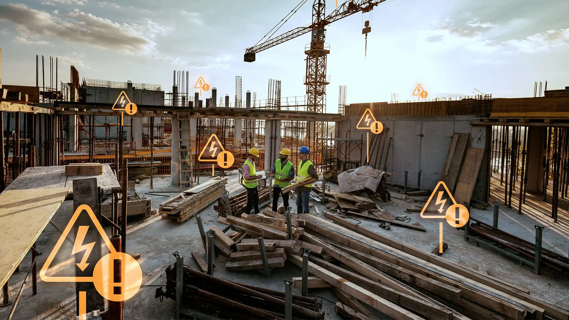 A photograph of a construction site is overlaid with icons representing data points related to work hazards.