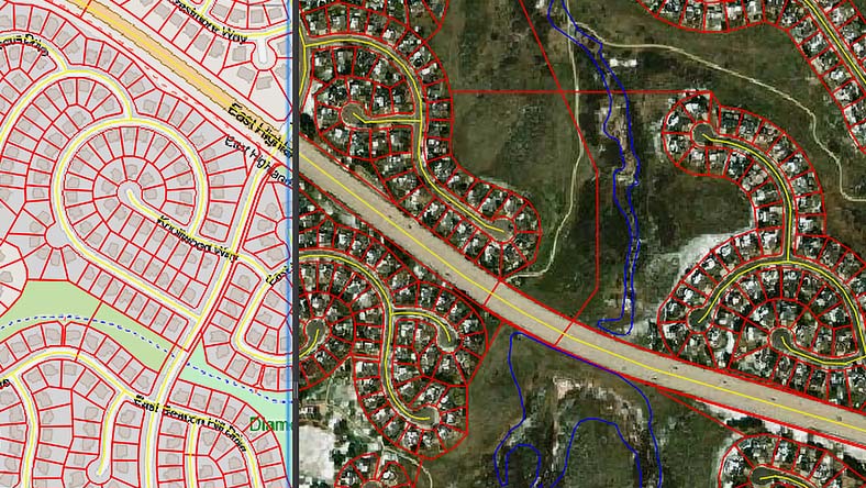Side-by-side map comparison: left shows street layout, right shows satellite view with property boundaries and natural features.