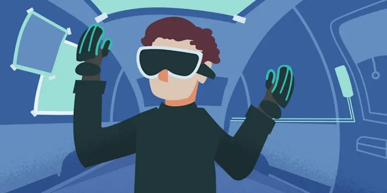 An illustration of a man in VR goggles and haptic gloves