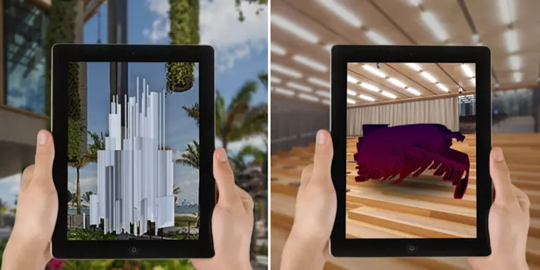 digital illustration of person holding a tablet and seeing AR images on the screen