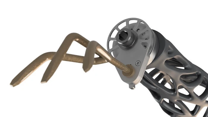 Alternative Rendergrafik der Armprothese mit angebautem Kultivator. 