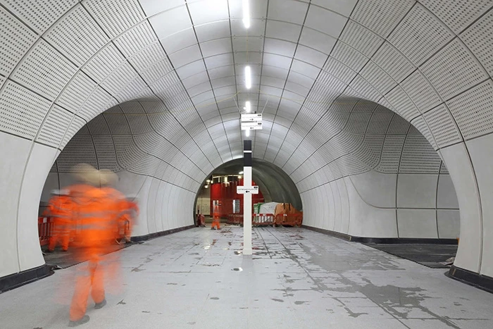 Interior view of an Elizabeth Line Underground station in London