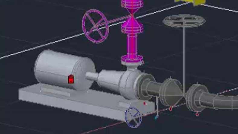 3D model of a pump system with a motor, piping, valves, and fittings in a CAD design environment.