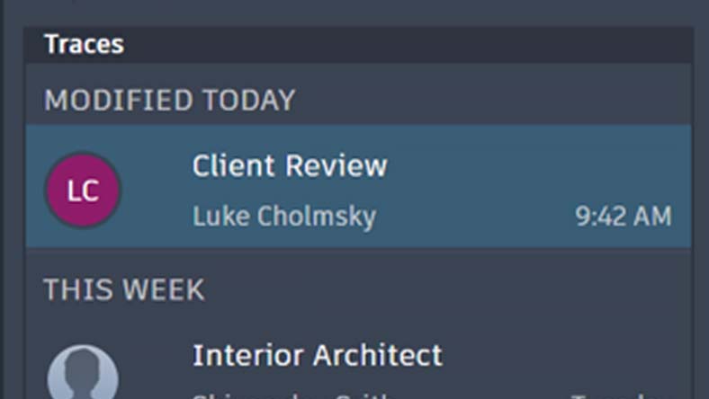 AutoCAD interface showcasing the Traces section, highlighting a Client Review modified at 9:42 AM.