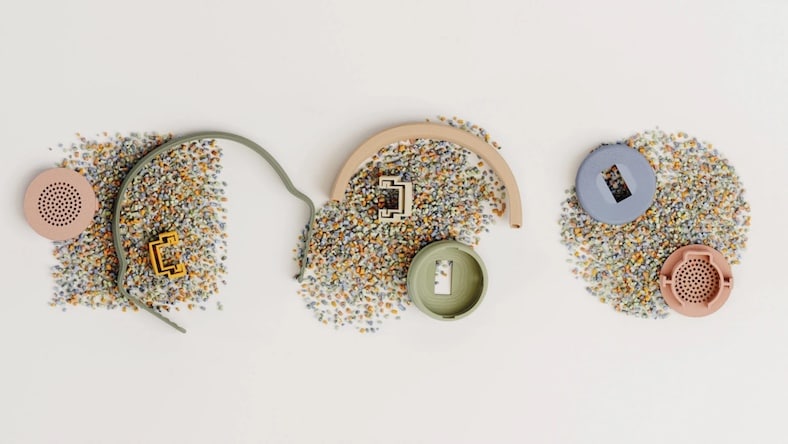 Display of colorful 3D-printed headphone components by Batch.Works.