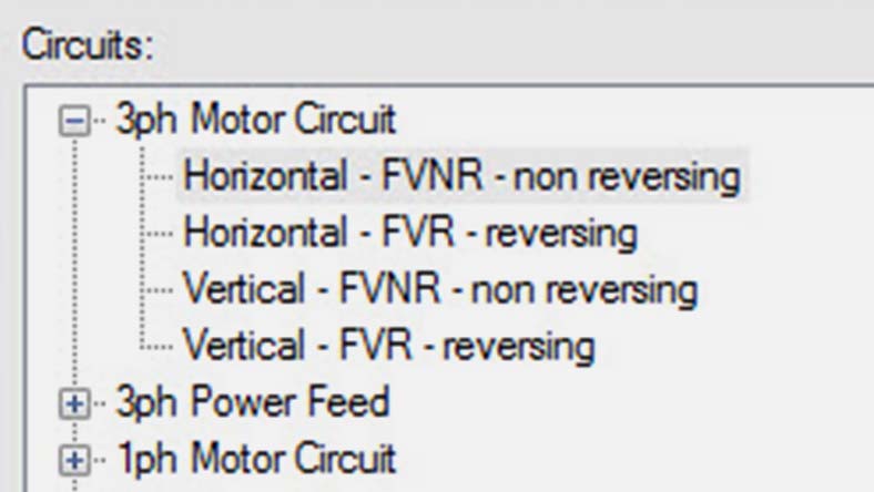 Circuit selection menu showing options for 3-phase and 1-phase motor circuits, with reversing and non-reversing types.