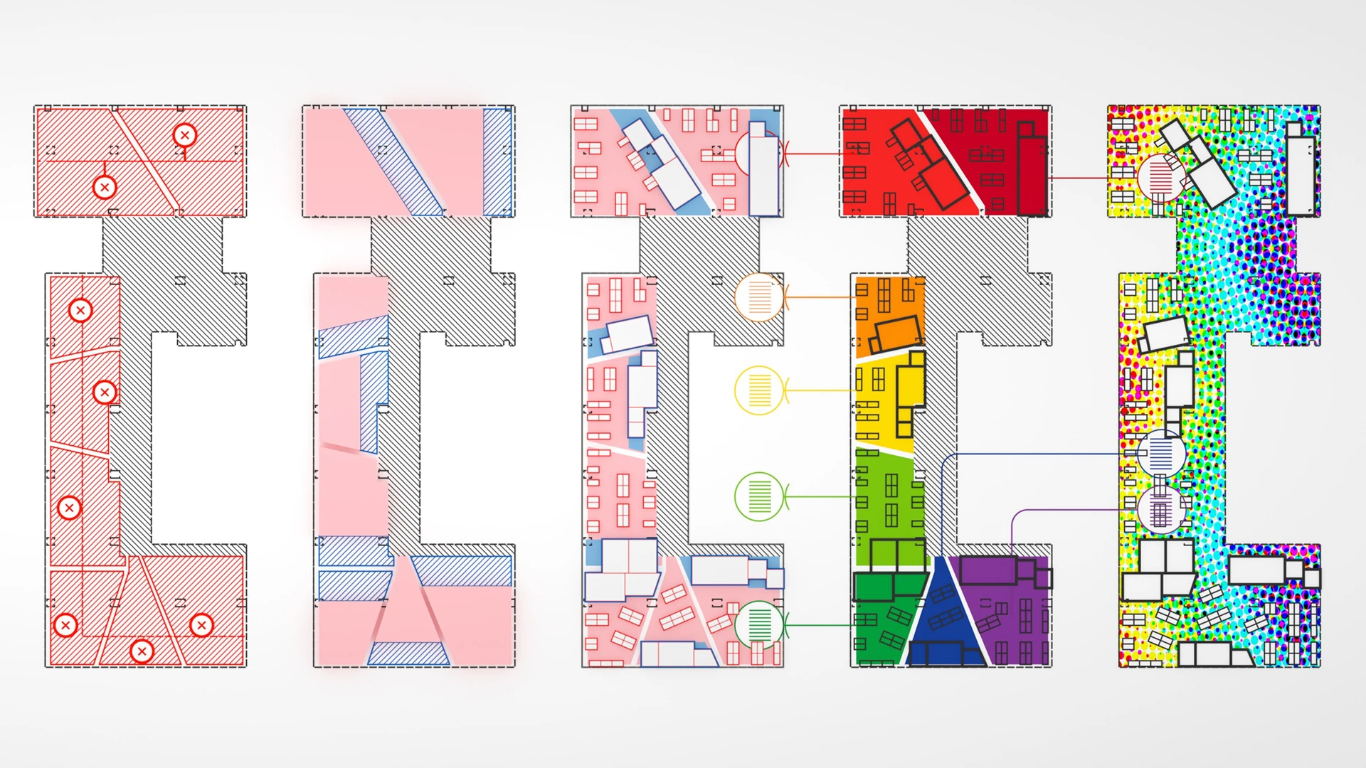 A series of design iterations shows the various elements and parameters of an internal space. 
