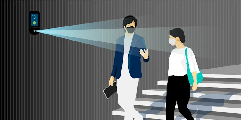 The next normal illustration two coworkers in face masks, body temperatures being checked by scans from wall sensor