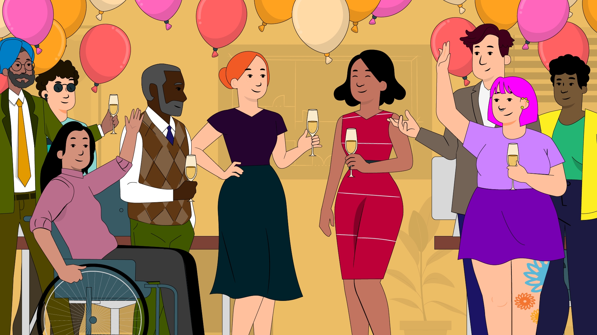 illustration of a diverse workforce at an architecture firm celebrating the promotion of a Black female architect