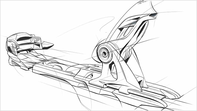 A digital line drawing of a mechanical ski binding has sleek, aerodynamic design elements.