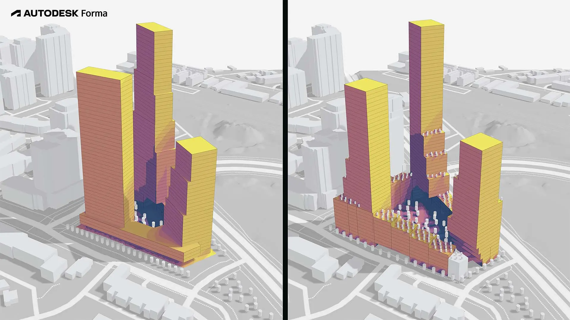 Side-by-side 3D building models showing sunlight analysis with Autodesk Forma, highlighting shaded and sunlit areas.