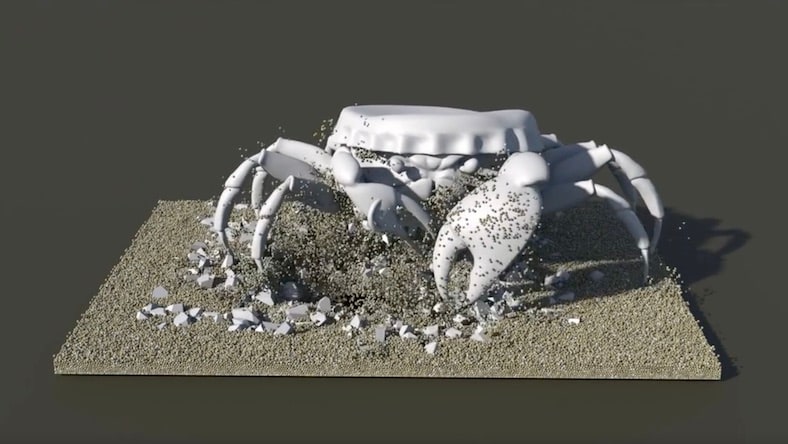 3D previs of an animated crab emerging from sand