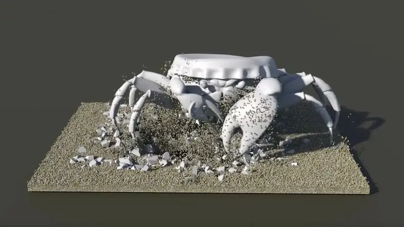 3D previs of an animated crab emerging from sand
