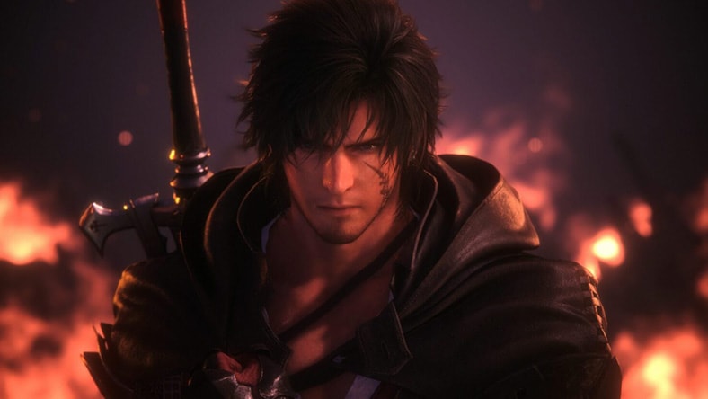 Close-up of a serious-looking male warrior with a sword on his back, standing against a fiery background.