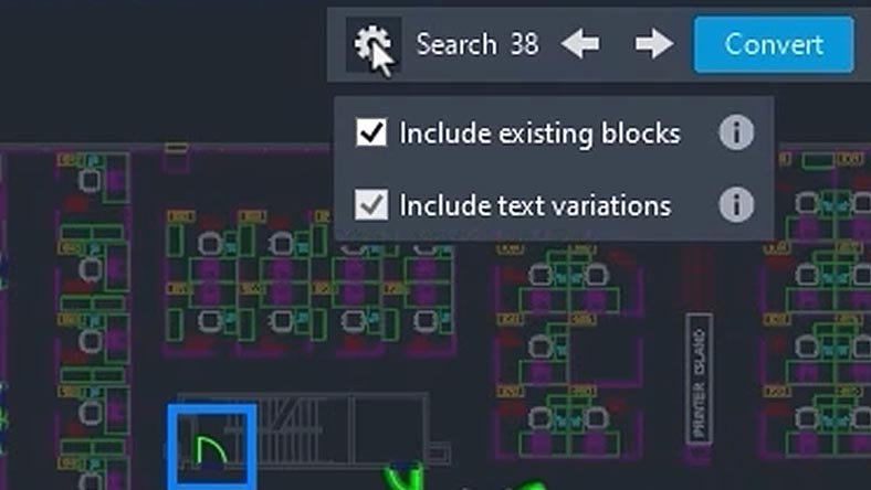 AutoCAD user interface of floor plan with Convert to block feature demonstrated.