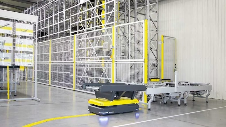 Image of an automated guided vehicle on a factory floor.