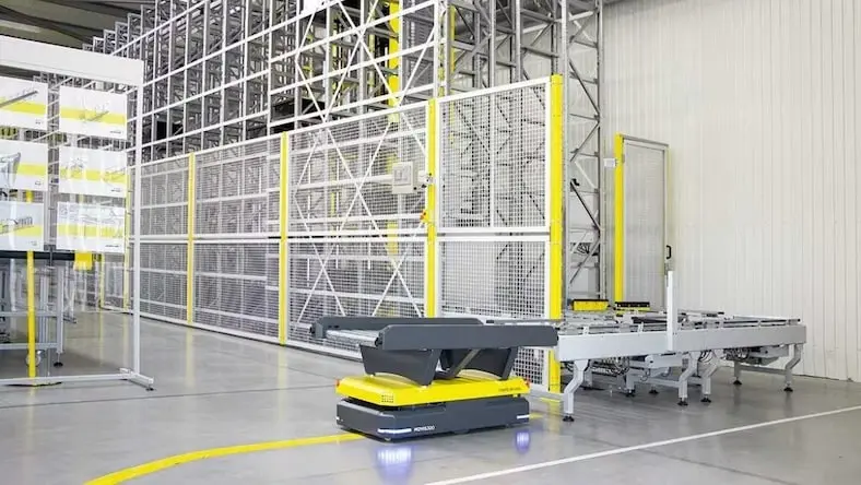 Image of an automated guided vehicle on a factory floor.