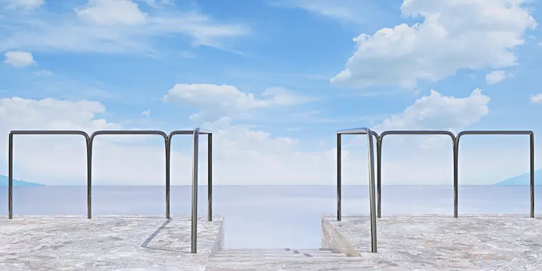 Rendering looking past railings to reservoir and blue sky