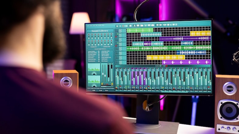 A man sits in front of a desktop computer displaying a digital audio workstation software interface.
