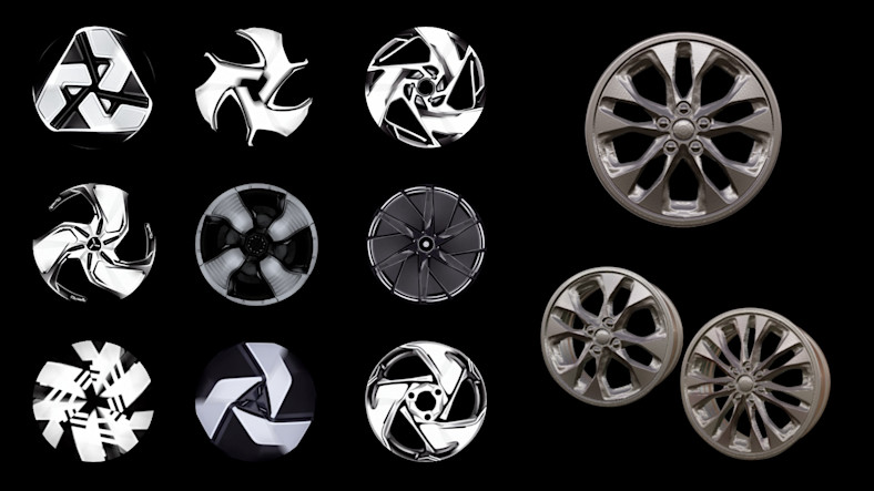 Several automobile wheel designs created by generative AI are shown alongside actual wheels that served as prompt material.