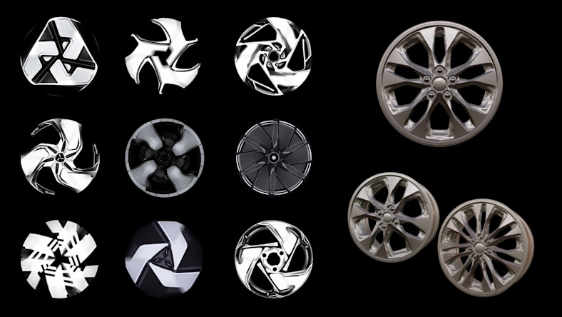 Several automobile wheel designs created by generative AI are shown alongside actual wheels that served as prompt material.