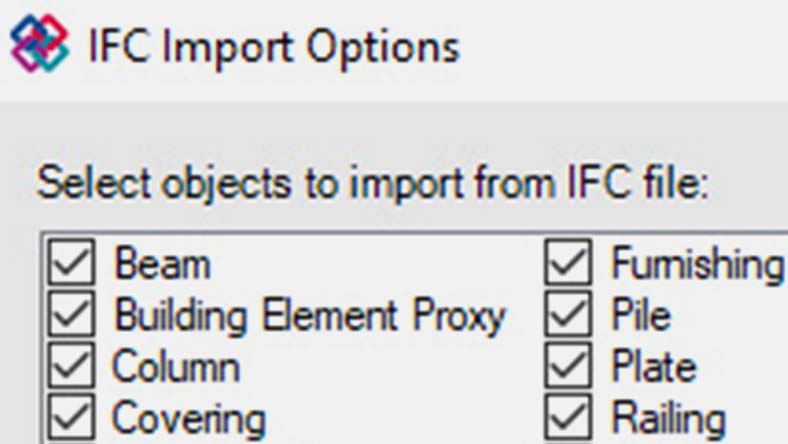 IFC Import Options dialog showing checkboxes to select objects like Beam, Column, Furnishing, Pile, and Railing.